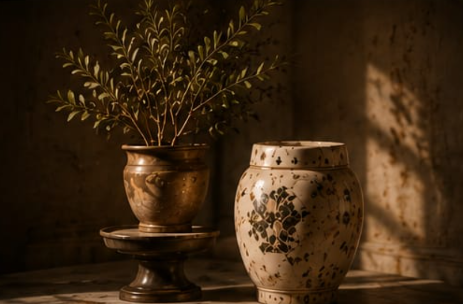 Planted urn and garden stool